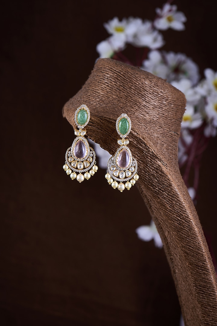 Gold Finish Moissanite Polki & Green Stone Dangler Earrings In Sterling Silver by Hunar at Pernia's Pop Up Shop