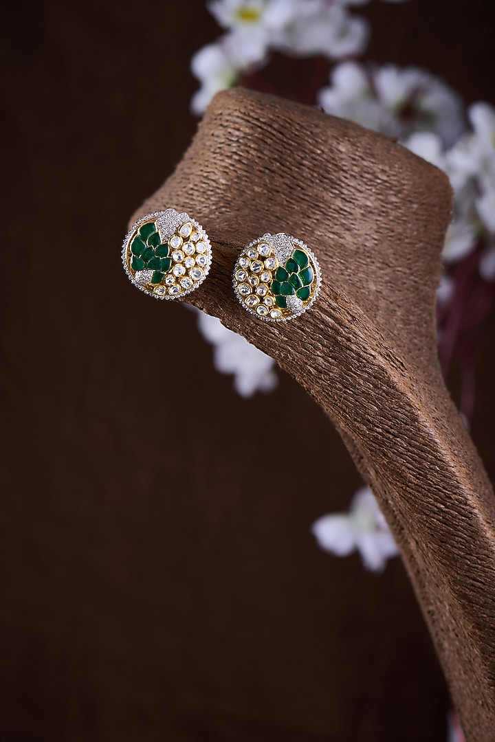 Gold Finish Moissanite Polki & Green Stone Stud Earrings In Sterling Silver by Hunar at Pernia's Pop Up Shop