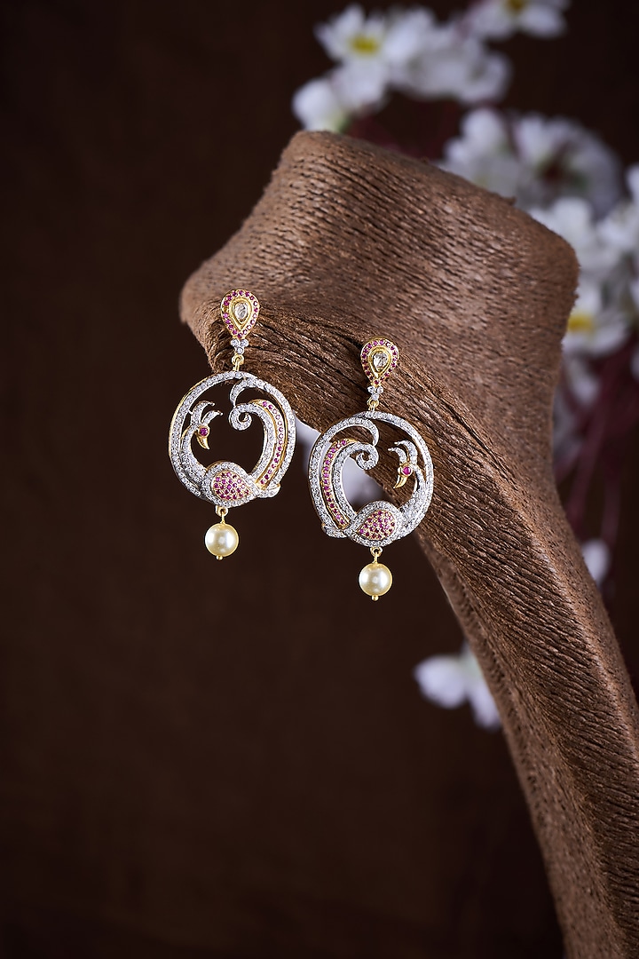 Gold Finish Moissanite Polki & Red Stone Dangler Earrings In Sterling Silver by Hunar at Pernia's Pop Up Shop