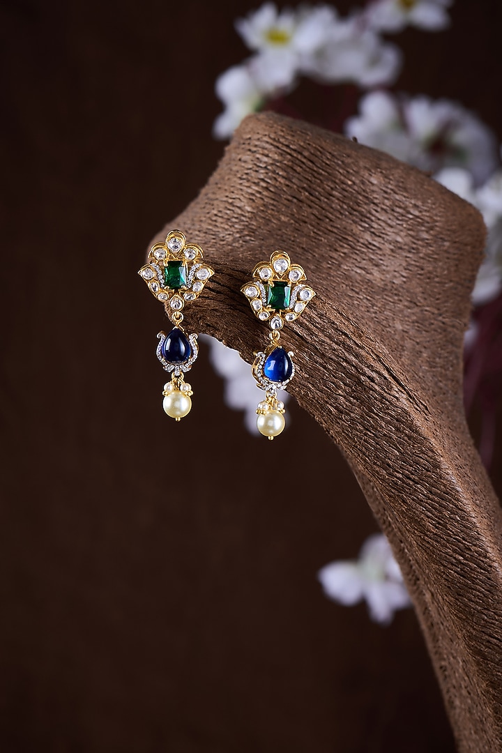 Gold Finish Moissanite Polki & Multi-Colored Stone Dangler Earrings In Sterling Silver by Hunar at Pernia's Pop Up Shop