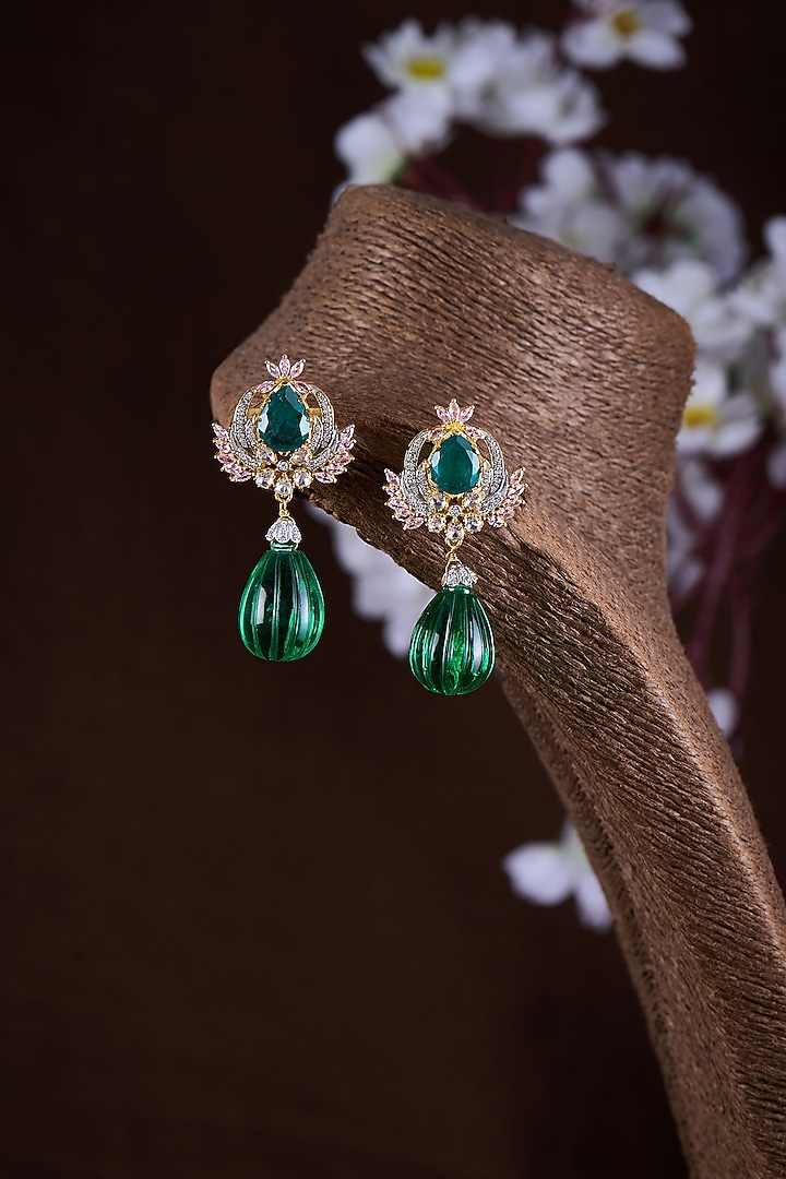 Gold Finish Moissanite Polki & Green Stone Dangler Earrings In Sterling Silver by Hunar at Pernia's Pop Up Shop