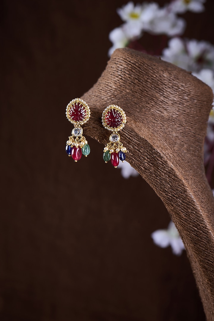 Gold Finish Moissanite Polki & Multi-Colored Stone Dangler Earrings In Sterling Silver by Hunar at Pernia's Pop Up Shop