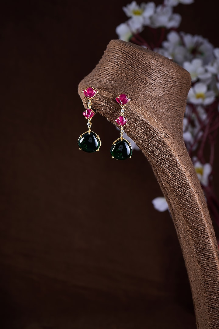 Gold Finish Moissanite Polki & Multi-Colored Stone Dangler Earrings In Sterling Silver by Hunar at Pernia's Pop Up Shop
