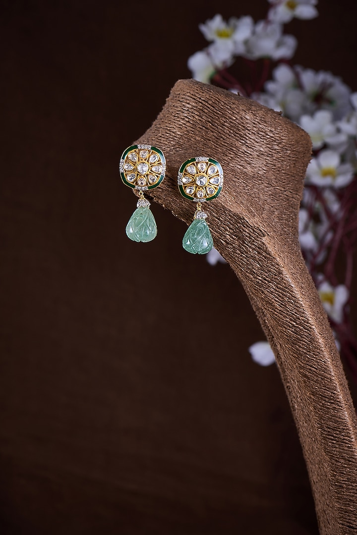 Gold Finish Moissanite Polki & Green Stone Dangler Earrings In Sterling Silver by Hunar at Pernia's Pop Up Shop