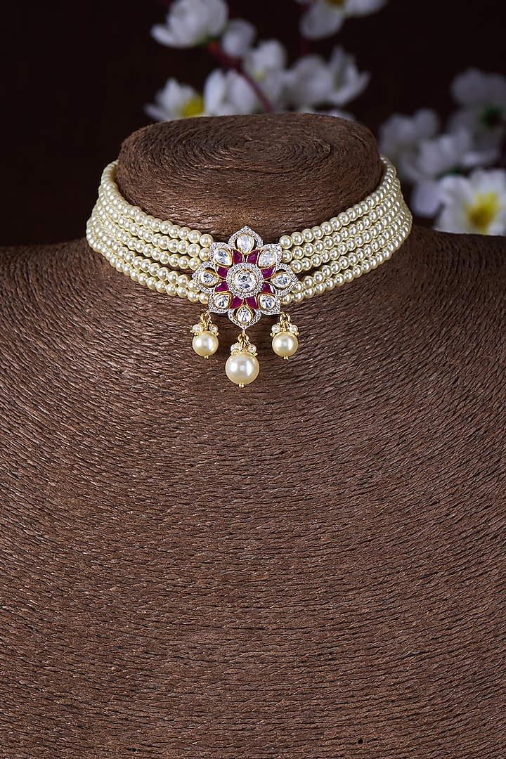 Gold Finish Moissanite Polki & Red Stone Choker Necklace In Sterling Silver by Hunar at Pernia's Pop Up Shop