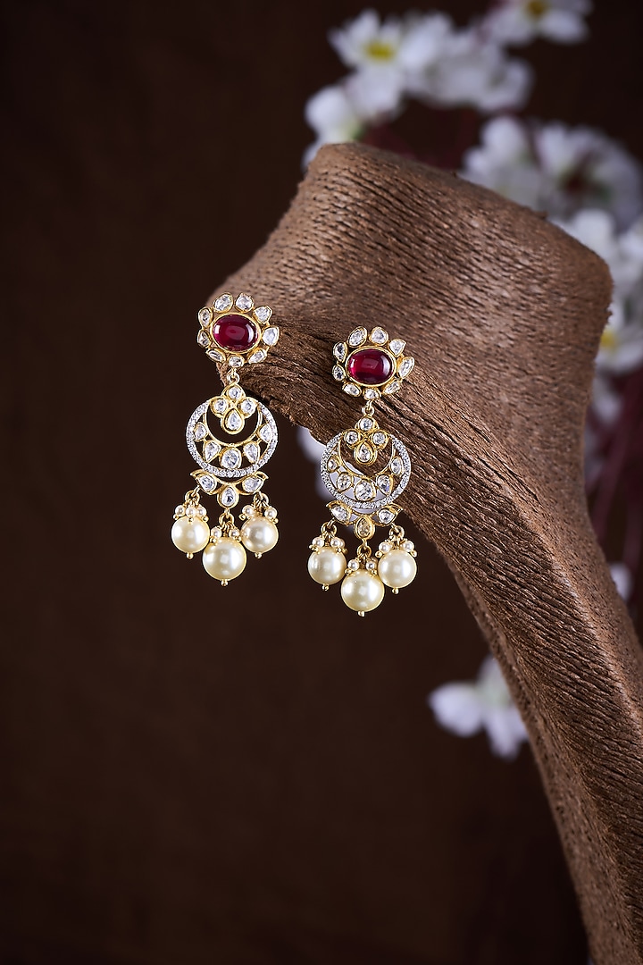 Gold Finish Moissanite Polki & Red Stone Dangler Earrings In Sterling Silver by Hunar at Pernia's Pop Up Shop
