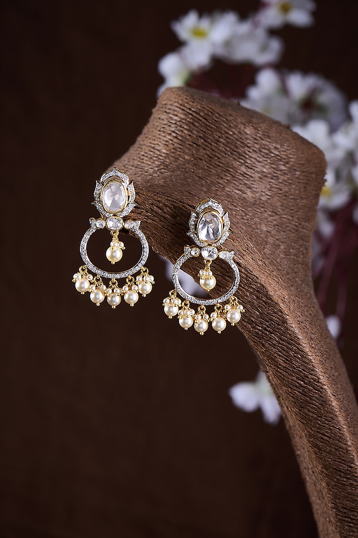 Gold Finish Moissanite Polki & Pearl Chandbali Earrings by Hunar at Pernia's Pop Up Shop