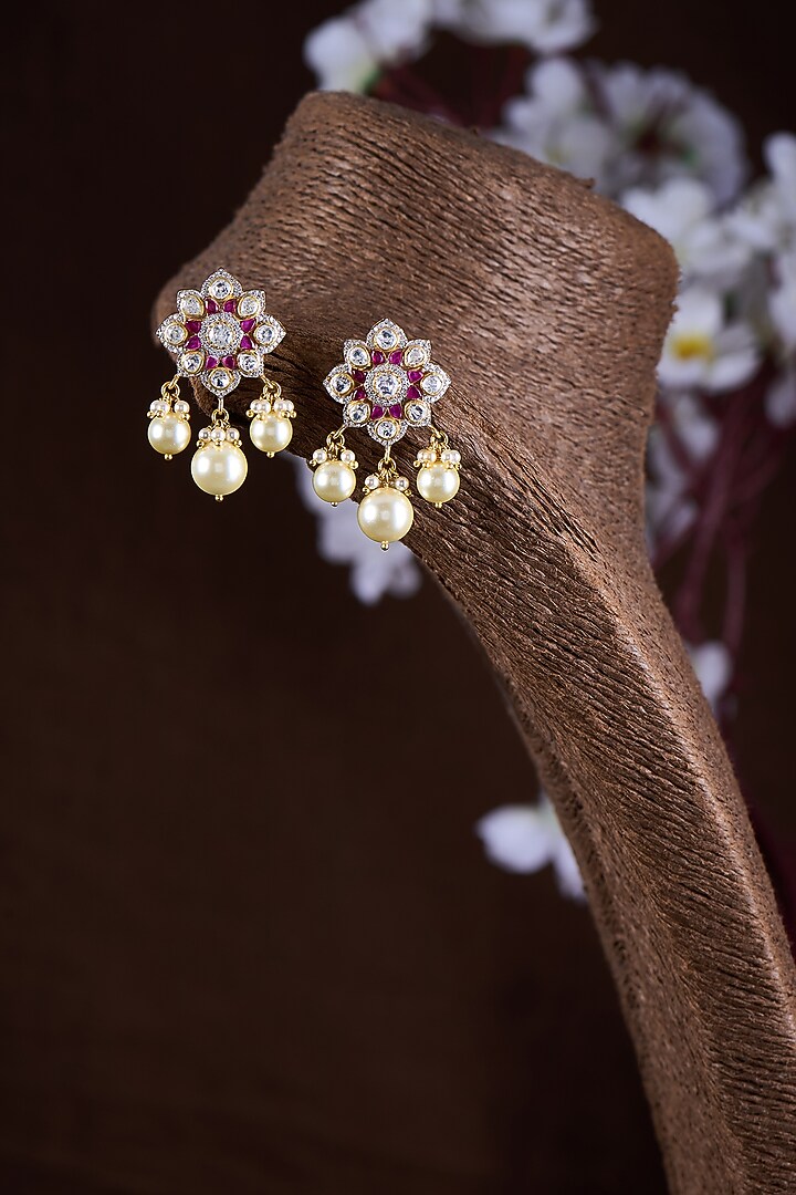 Gold Finish Moissanite Polki & Red Stone Dangler Earrings In Sterling Silver by Hunar at Pernia's Pop Up Shop