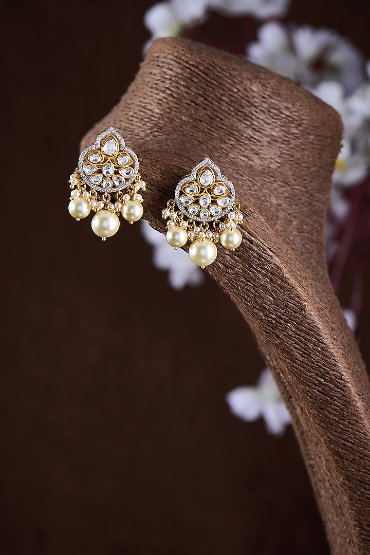 Gold Finish Moissanite Polki & Pearl Dangler Earrings In Sterling Silver by Hunar at Pernia's Pop Up Shop