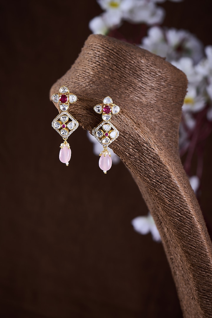 Gold Finish Moissanite Polki & Red Stone Dangler Earrings In Sterling Silver by Hunar at Pernia's Pop Up Shop