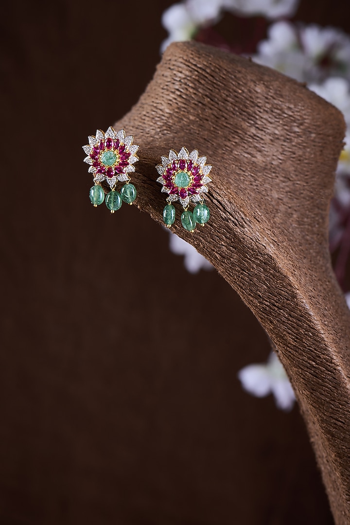 Gold Finish Moissanite Polki & Multi-Colored Stone Dangler Earrings In Sterling Silver by Hunar at Pernia's Pop Up Shop