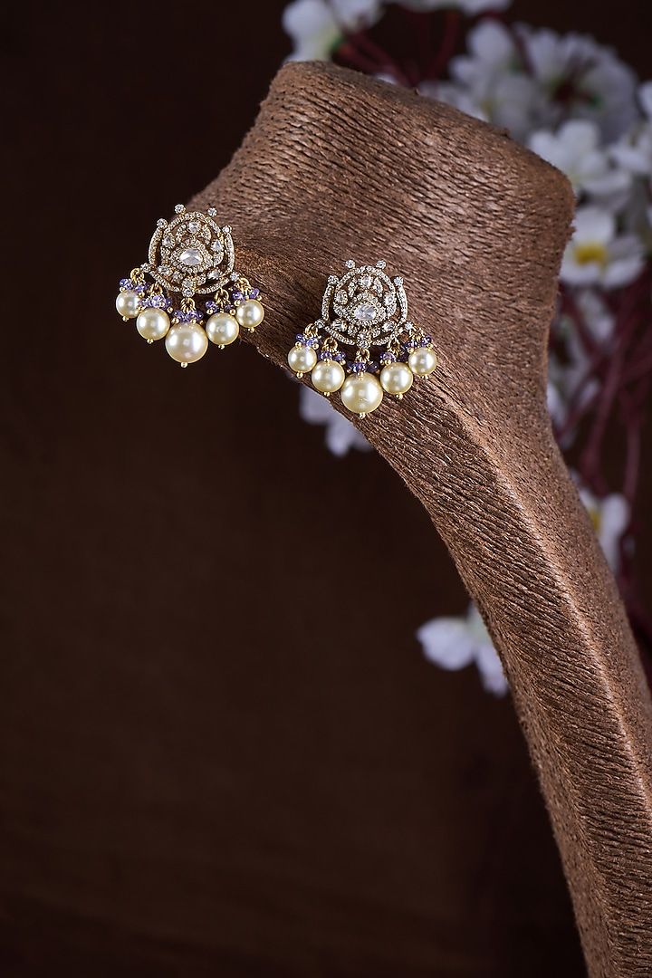 Gold Finish Moissanite Polki & Pearl Dangler Earrings In Sterling Silver by Hunar at Pernia's Pop Up Shop
