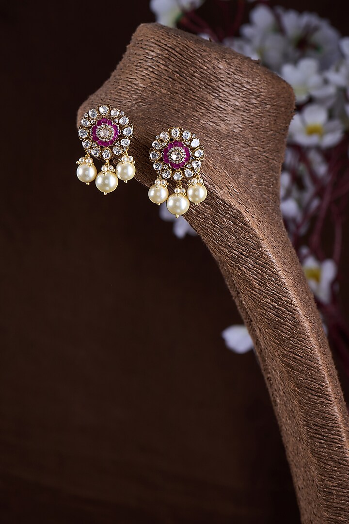 Gold Finish Moissanite Polki & Red Stone Dangler Earrings In Sterling Silver by Hunar at Pernia's Pop Up Shop