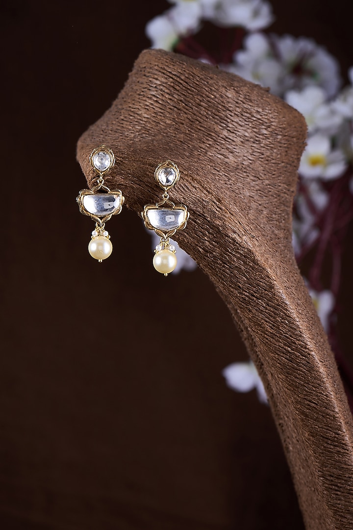 Gold Finish Moissanite Polki & Pearl Dangler Earrings In Sterling Silver by Hunar at Pernia's Pop Up Shop