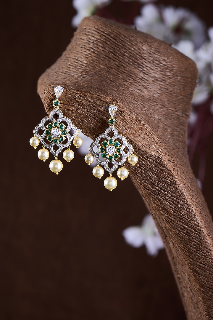 Gold Finish Moissanite Polki & Green Stone Dangler Earrings In Sterling Silver by Hunar at Pernia's Pop Up Shop