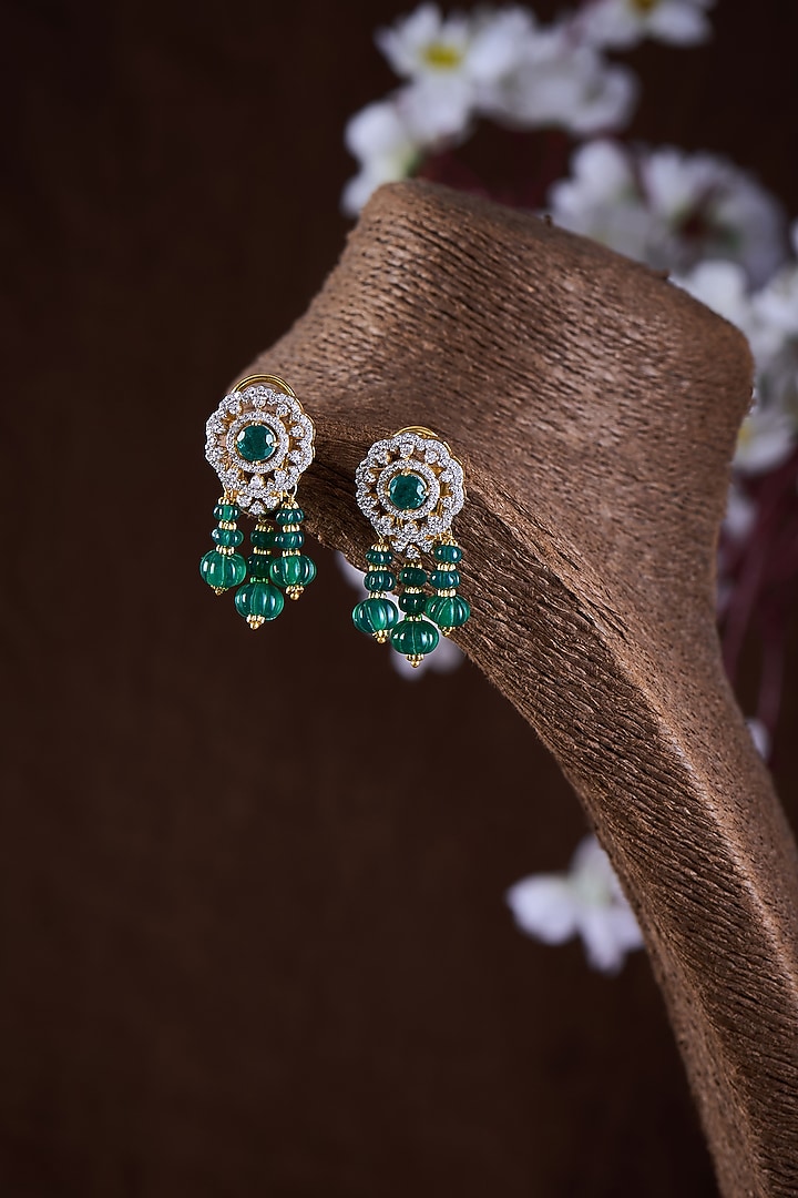 Gold Finish Moissanite Polki & Green Stone Dangler Earrings In Sterling Silver by Hunar at Pernia's Pop Up Shop