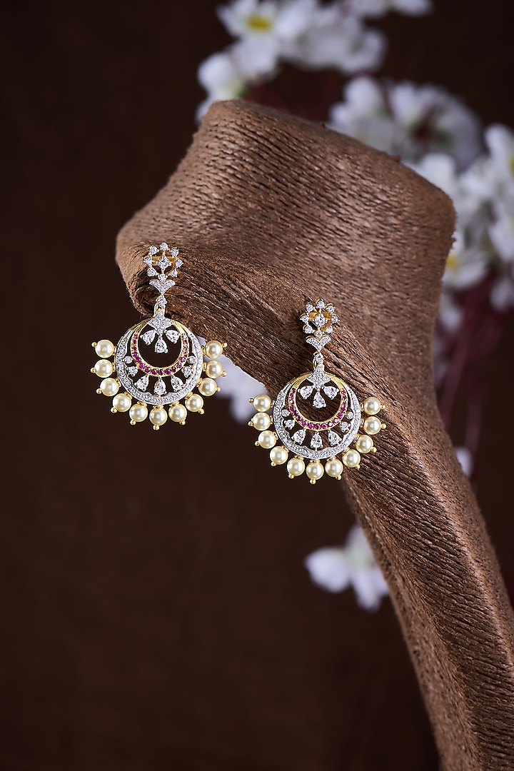 Gold Finish Moissanite Polki & Red Stone Chandbali Earrings In Sterling Silver by Hunar at Pernia's Pop Up Shop