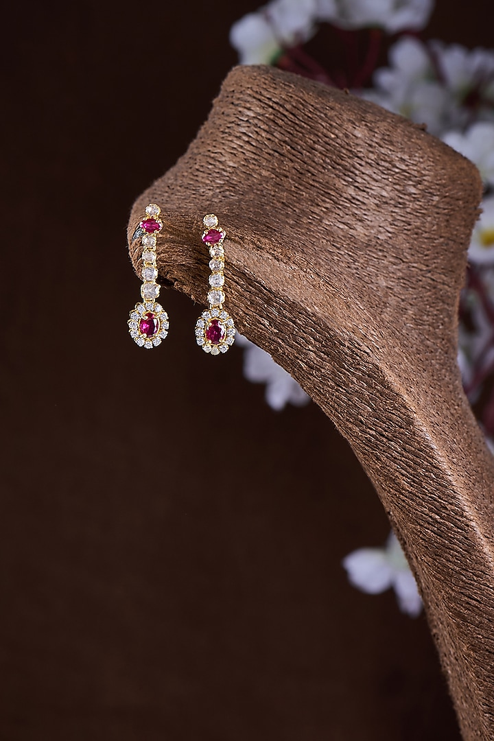 Gold Finish Moissanite Polki & Red Stone Dangler Earrings In Sterling Silver by Hunar at Pernia's Pop Up Shop