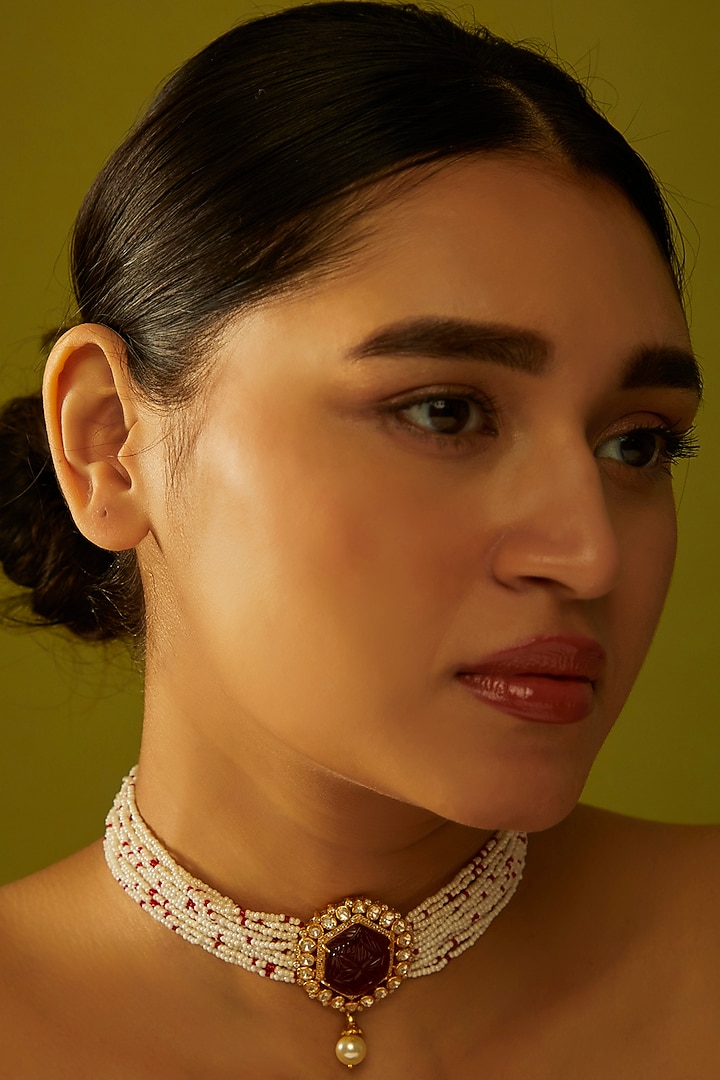 Gold Finish Pearl Choker Necklace In Sterling Silver by Hunar at Pernia's Pop Up Shop