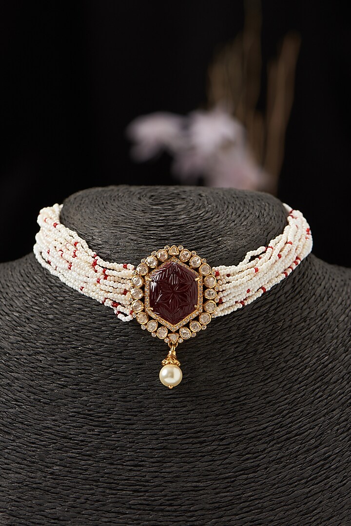Gold Finish Pearl Choker Necklace In Sterling Silver by Hunar at Pernia's Pop Up Shop