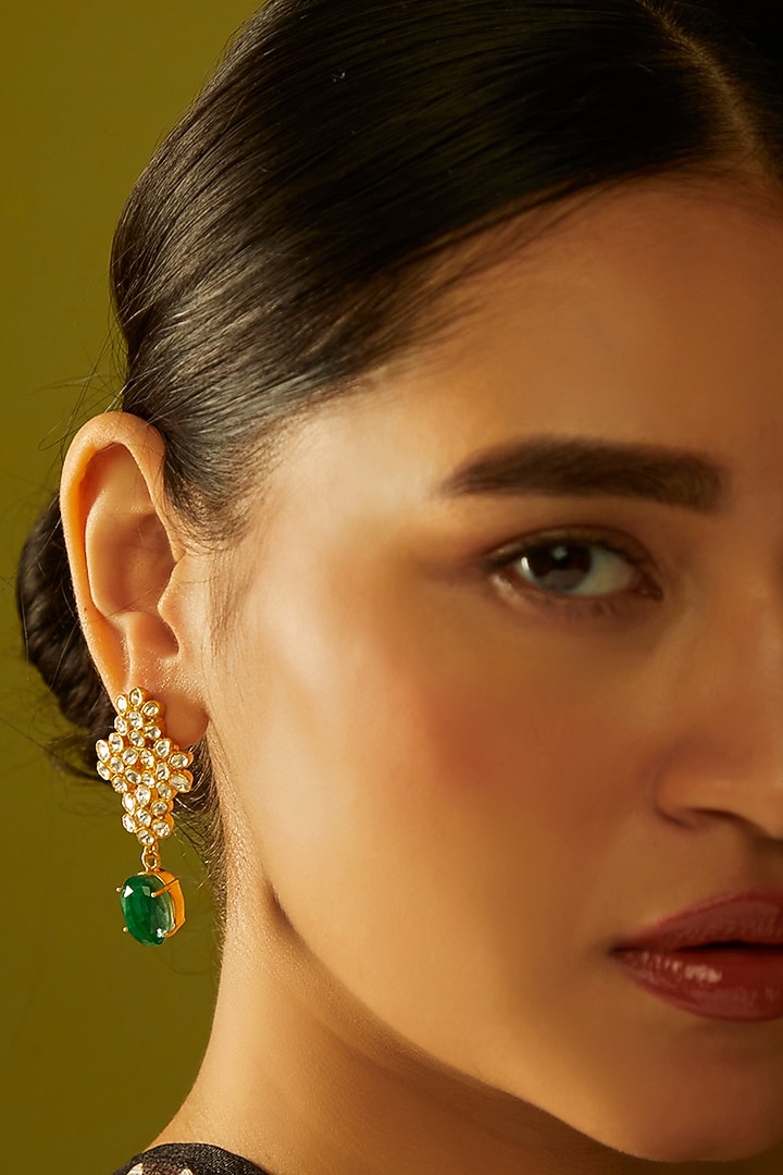 Gold Finish Moissanite Polki Dangler Earrings in Sterling Silver by Hunar at Pernia's Pop Up Shop