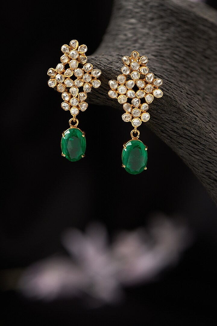 Gold Finish Moissanite Polki Dangler Earrings in Sterling Silver by Hunar at Pernia's Pop Up Shop