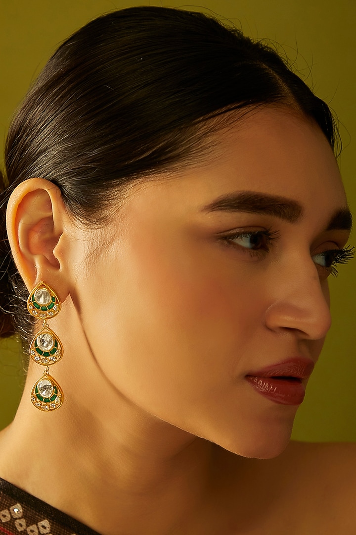 Gold Finish Moissanite Polki Dangler Earrings in Sterling Silver by Hunar at Pernia's Pop Up Shop