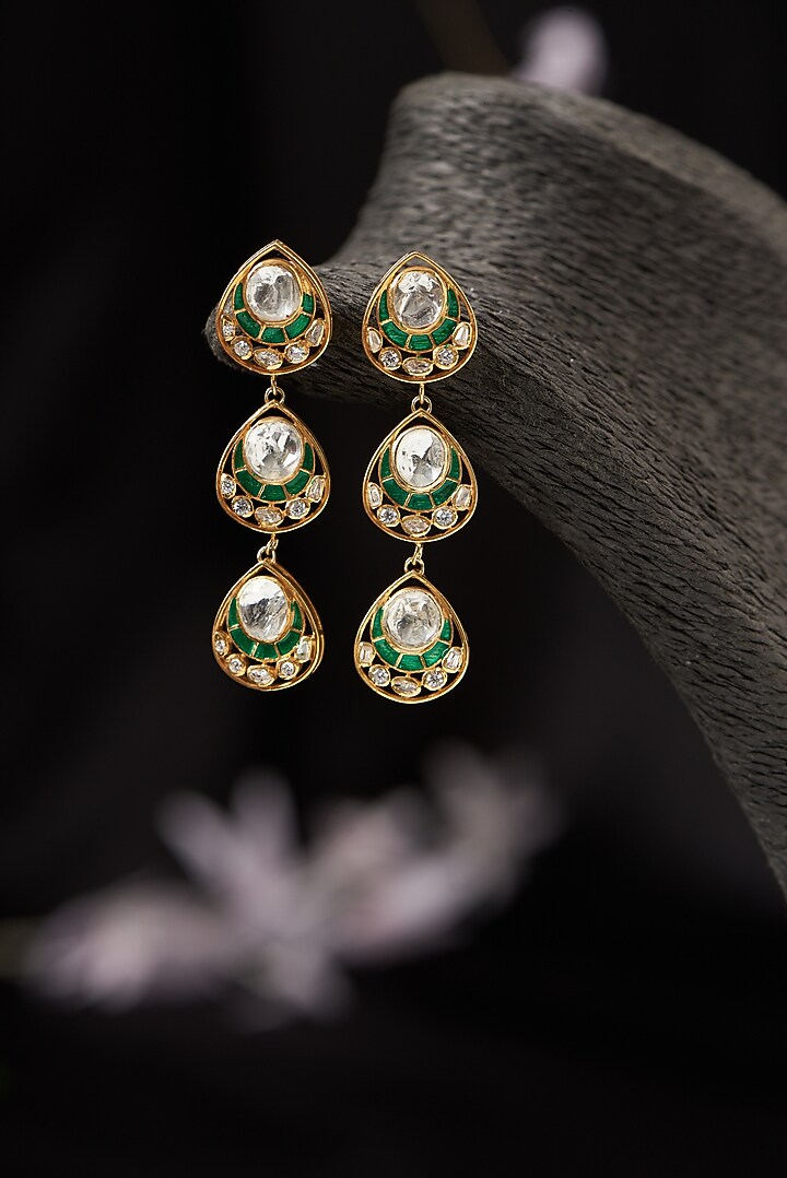 Gold Finish Moissanite Polki Dangler Earrings in Sterling Silver by Hunar at Pernia's Pop Up Shop