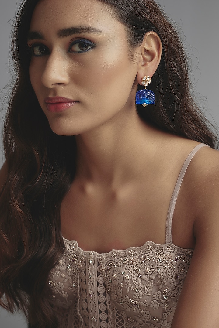 Gold Finish Synthetic Sapphire Dangler Earrings in Sterling Silver by Hunar at Pernia's Pop Up Shop