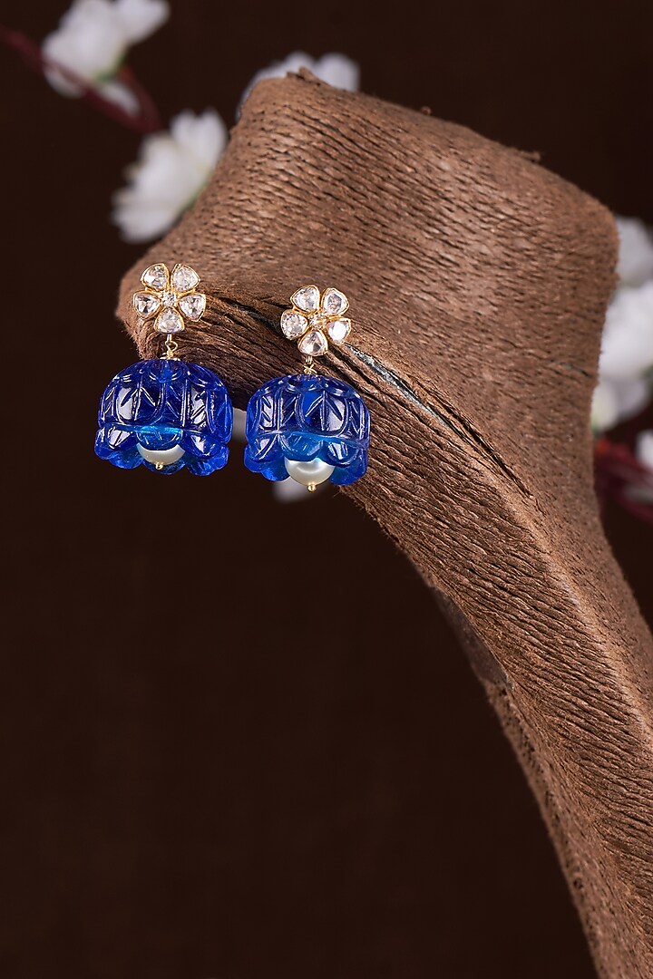 Gold Finish Synthetic Sapphire Dangler Earrings in Sterling Silver by Hunar at Pernia's Pop Up Shop