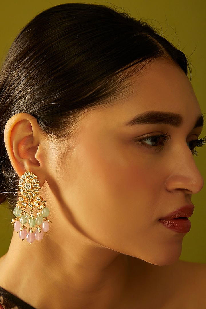 Gold Finish Moissanite Polki Dangler Earrings in Sterling Silver by Hunar at Pernia's Pop Up Shop