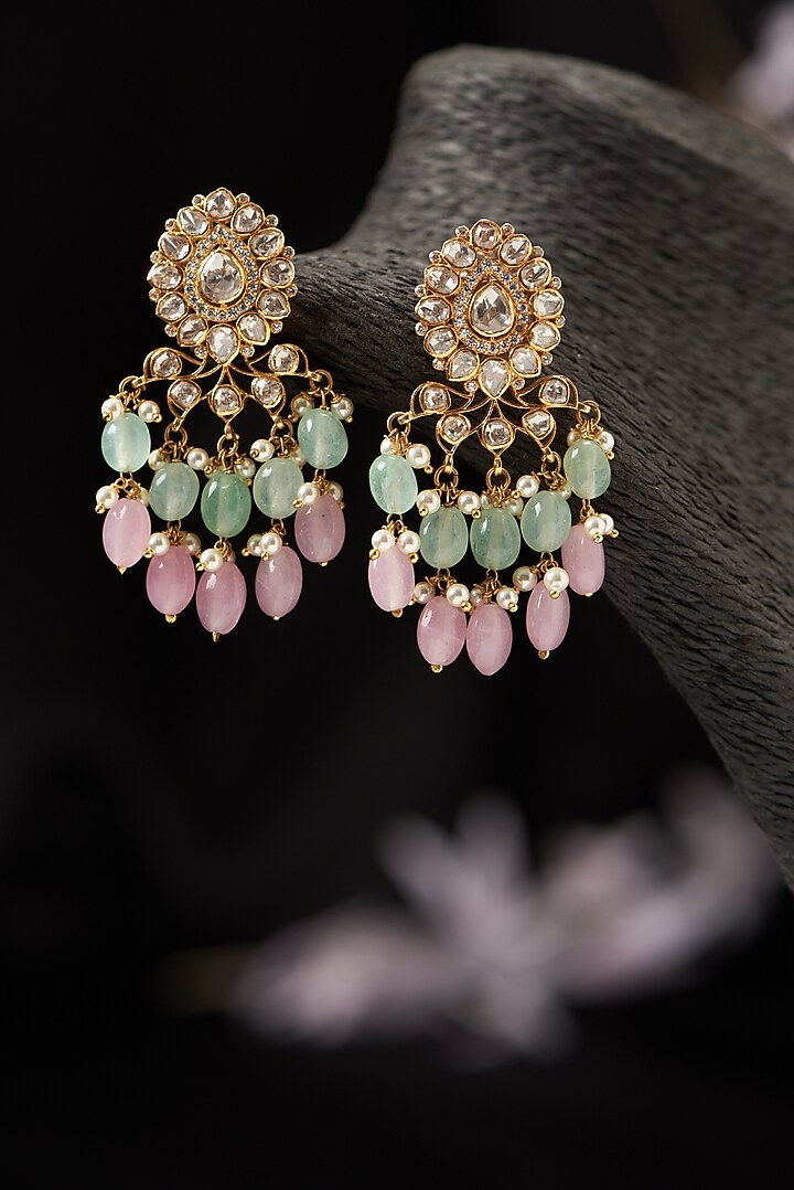 Gold Finish Moissanite Polki Dangler Earrings in Sterling Silver by Hunar at Pernia's Pop Up Shop