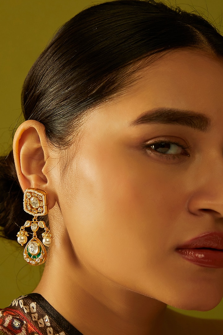 Gold Finish Moissanite Polki & Pearl Dangler Earrings in Sterling Silver by Hunar at Pernia's Pop Up Shop