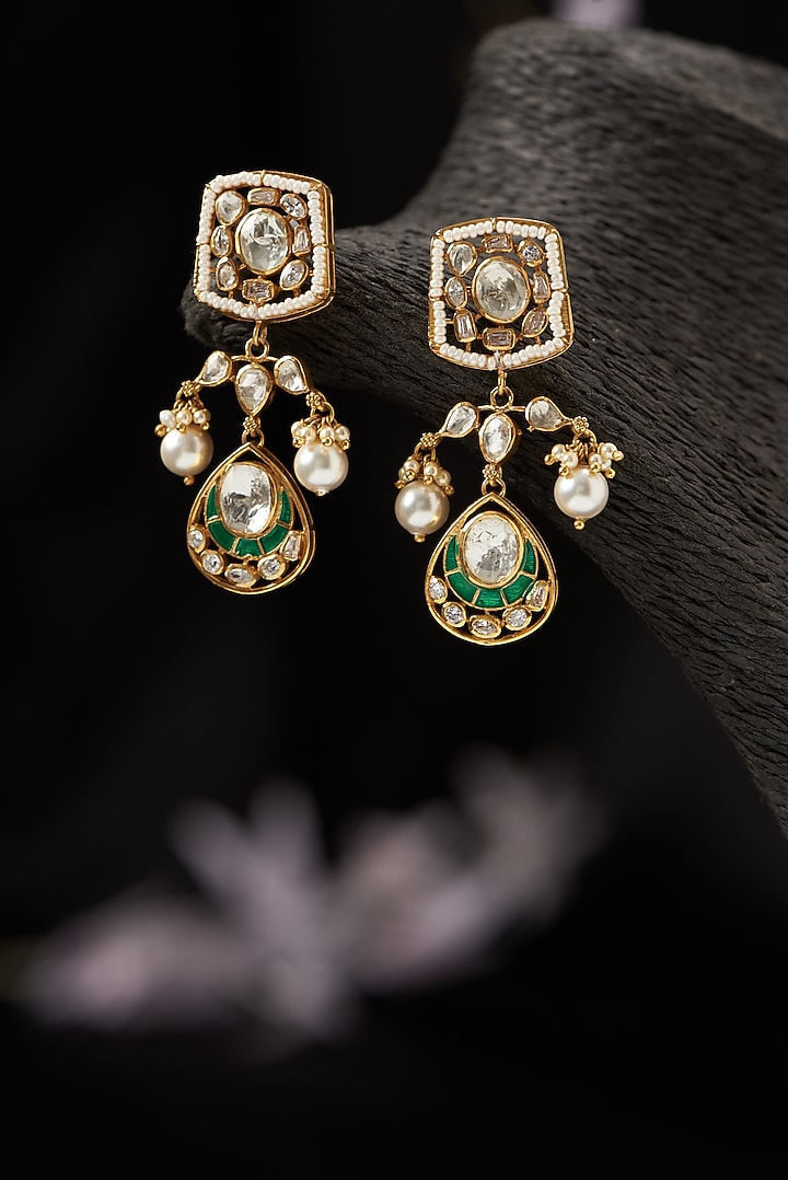 Gold Finish Moissanite Polki & Pearl Dangler Earrings in Sterling Silver by Hunar at Pernia's Pop Up Shop