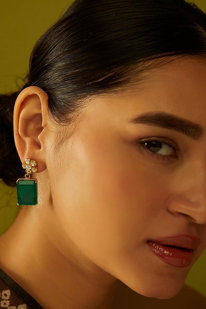 Gold Finish Synthetic Emerald Dangler Earrings in Sterling Silver by Hunar at Pernia's Pop Up Shop