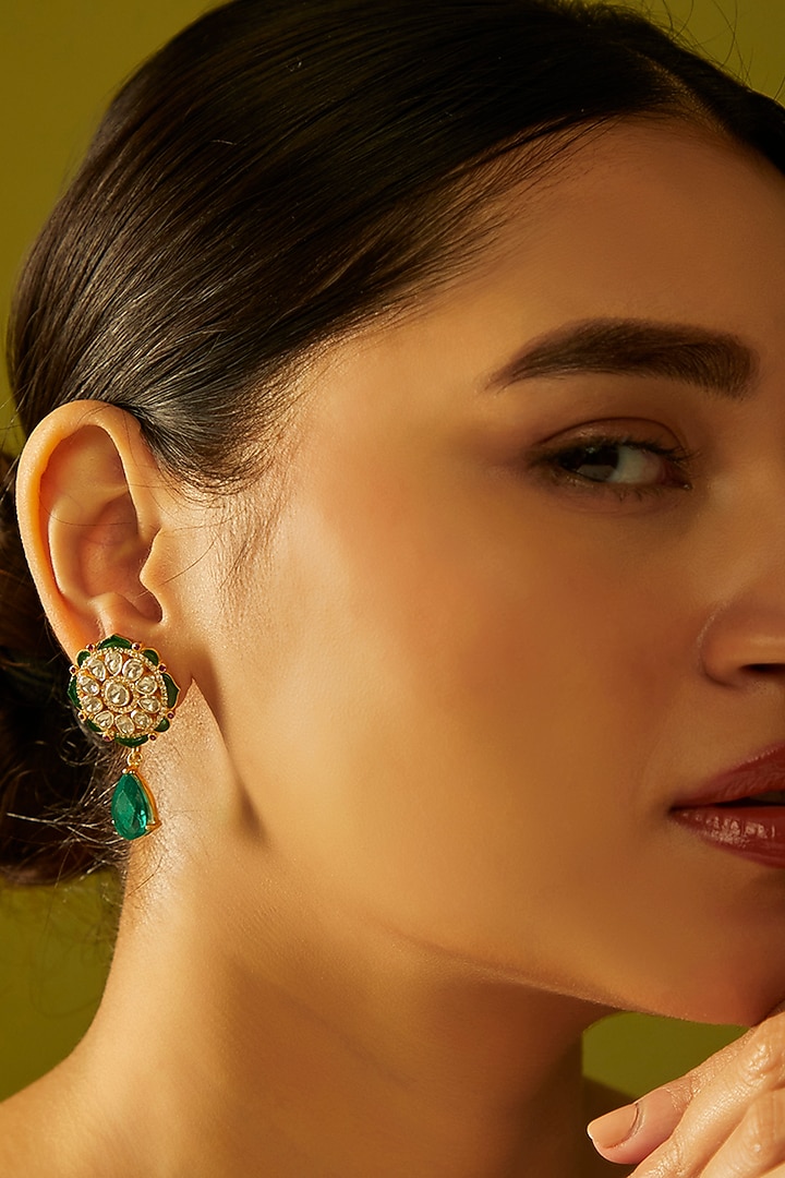 Gold Finish Moissanite Polki & Emerald Dangler Earrings in Sterling Silver by Hunar at Pernia's Pop Up Shop