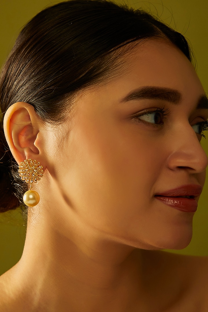 Gold Finish Pearl Dangler Earrings in Sterling Silver by Hunar at Pernia's Pop Up Shop