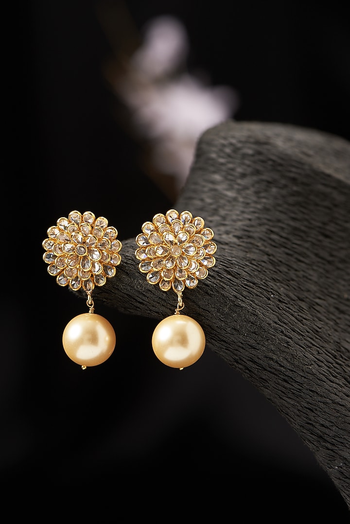 Gold Finish Pearl Dangler Earrings in Sterling Silver by Hunar at Pernia's Pop Up Shop