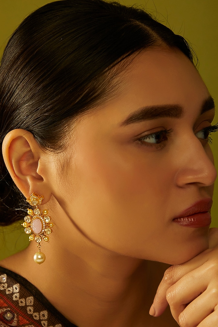 Gold Finish Pink Stone & Pearl Dangler Earrings in Sterling Silver by Hunar at Pernia's Pop Up Shop