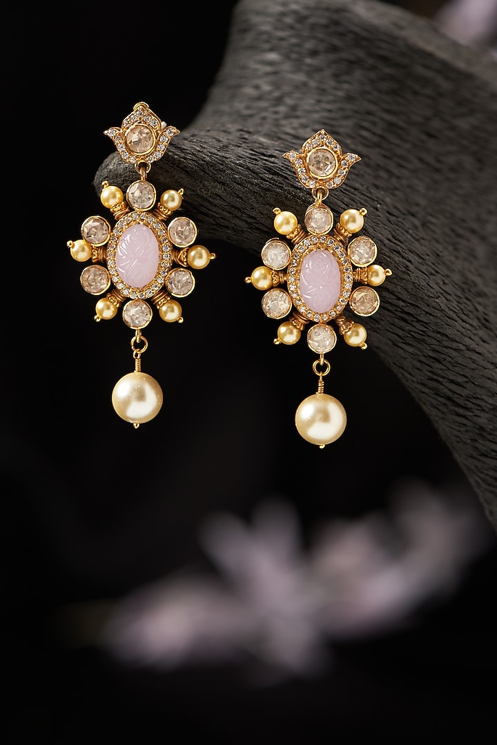 Gold Finish Pink Stone & Pearl Dangler Earrings in Sterling Silver by Hunar at Pernia's Pop Up Shop