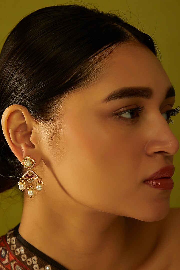 Gold Finish Moissanite Polki & Pearl Dangler Earrings in Sterling Silver by Hunar at Pernia's Pop Up Shop