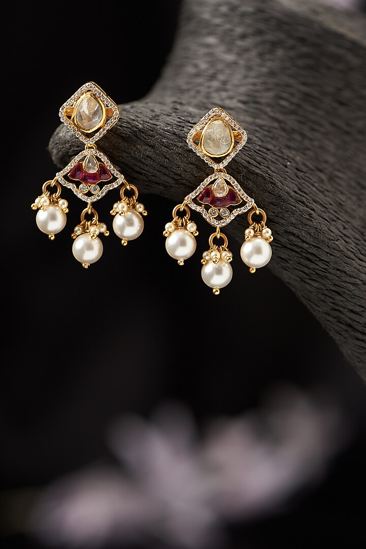 Gold Finish Moissanite Polki & Pearl Dangler Earrings in Sterling Silver by Hunar at Pernia's Pop Up Shop