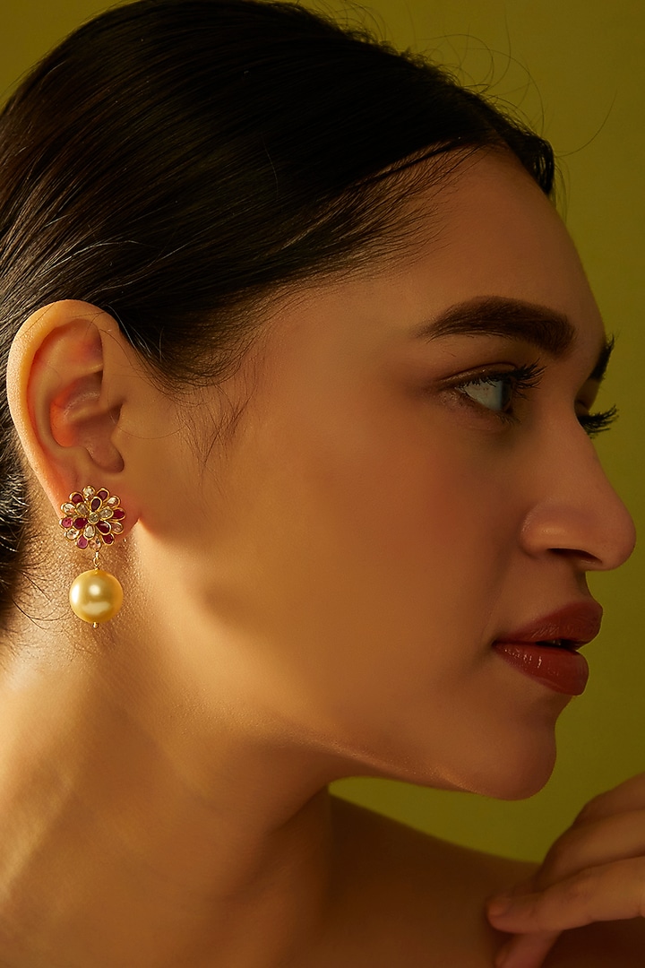 Gold Finish Moissanite Polki & Pearl Dangler Earrings in Sterling Silver by Hunar at Pernia's Pop Up Shop