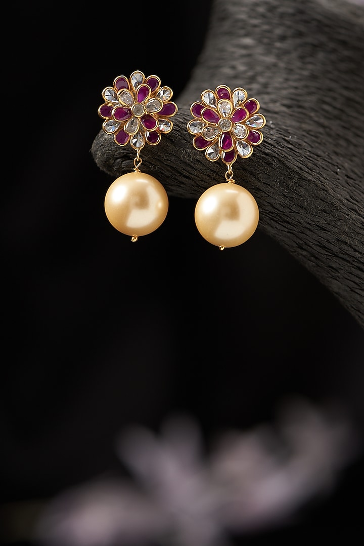 Gold Finish Moissanite Polki & Pearl Dangler Earrings in Sterling Silver by Hunar at Pernia's Pop Up Shop
