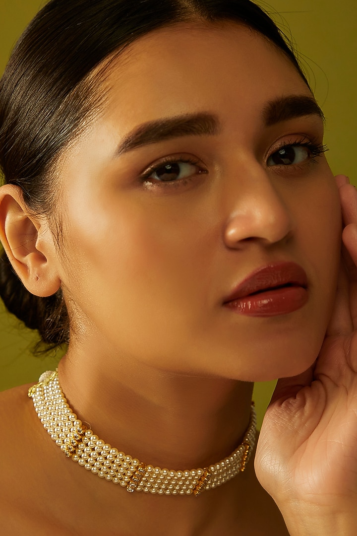 Gold Finish Choker Necklace With Pearls In Sterling Silver by Hunar at Pernia's Pop Up Shop