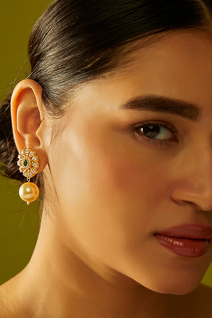 Gold Finish Moissanite Polki & Pearl Dangler Earrings in Sterling Silver by Hunar at Pernia's Pop Up Shop