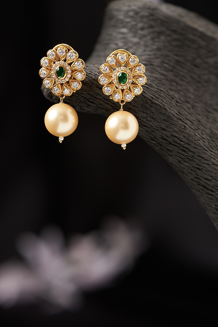 Gold Finish Moissanite Polki & Pearl Dangler Earrings in Sterling Silver by Hunar at Pernia's Pop Up Shop