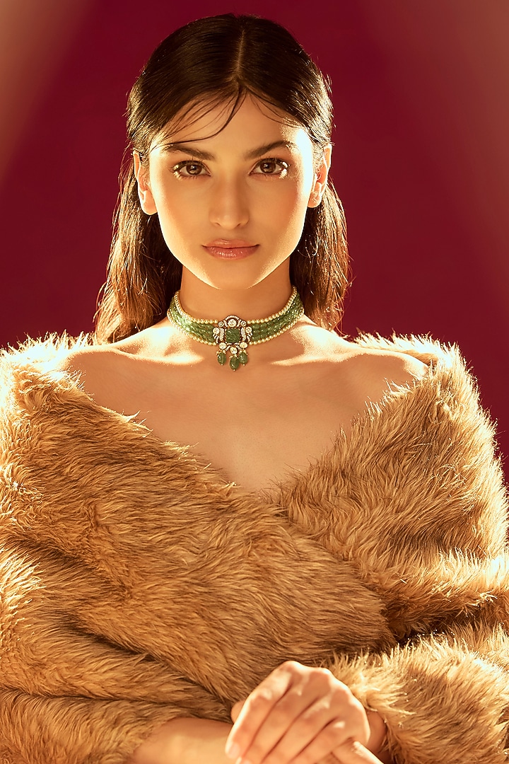 Gold Finish Moissanite Polki & Green Stone Choker Necklace In Sterling Silver by Hunar at Pernia's Pop Up Shop