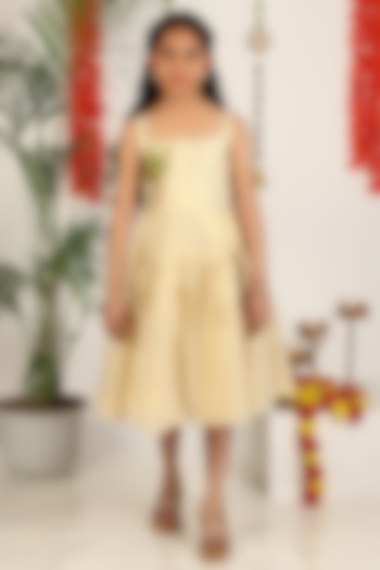 Shiny Off-White Khadi Cotton Banana Tree Hand Painted Dress For Girls by Hooray at Pernia's Pop Up Shop