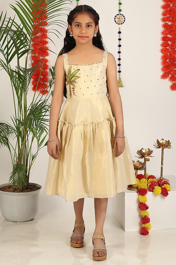 Shiny Off-White Khadi Cotton Banana Tree Hand Painted Dress For Girls by Hooray at Pernia's Pop Up Shop